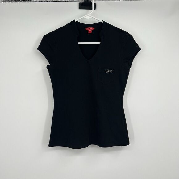 Womens Guess Black Marie Polo Pocket Tee Shirt S Y2K Style Embroidered Logo - Picture 1 of 10